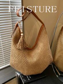 1pc FEISTURE Women's Tassel Woven Beach Bag, Casual Shoulder Bag For Summer Vacation - Khaki - View 11