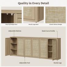 SICOTAS Rattan Sideboard Storage Cabinet - Boho Credenza Coffee Bar Cabinet With Doors & Adjustable Shelves, Large Farmhouse Buffet Console Table For Living Room, Kitchen, Entryway - Amber Oak - View 8