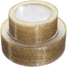 Đĩa phục vụ sang trọng kiểu Châu Âu, viền vàng kép, trong suốt, được dập nổi, thích hợp cho đám cưới, tiệc sinh nhật, bàn tráng miệng, khách sạn boutique, nhà hàng, tiệc trà chiều, dã ngoại. Bền bỉ và phong cách, đĩa ăn đa năng. - Vàng - Xem 1