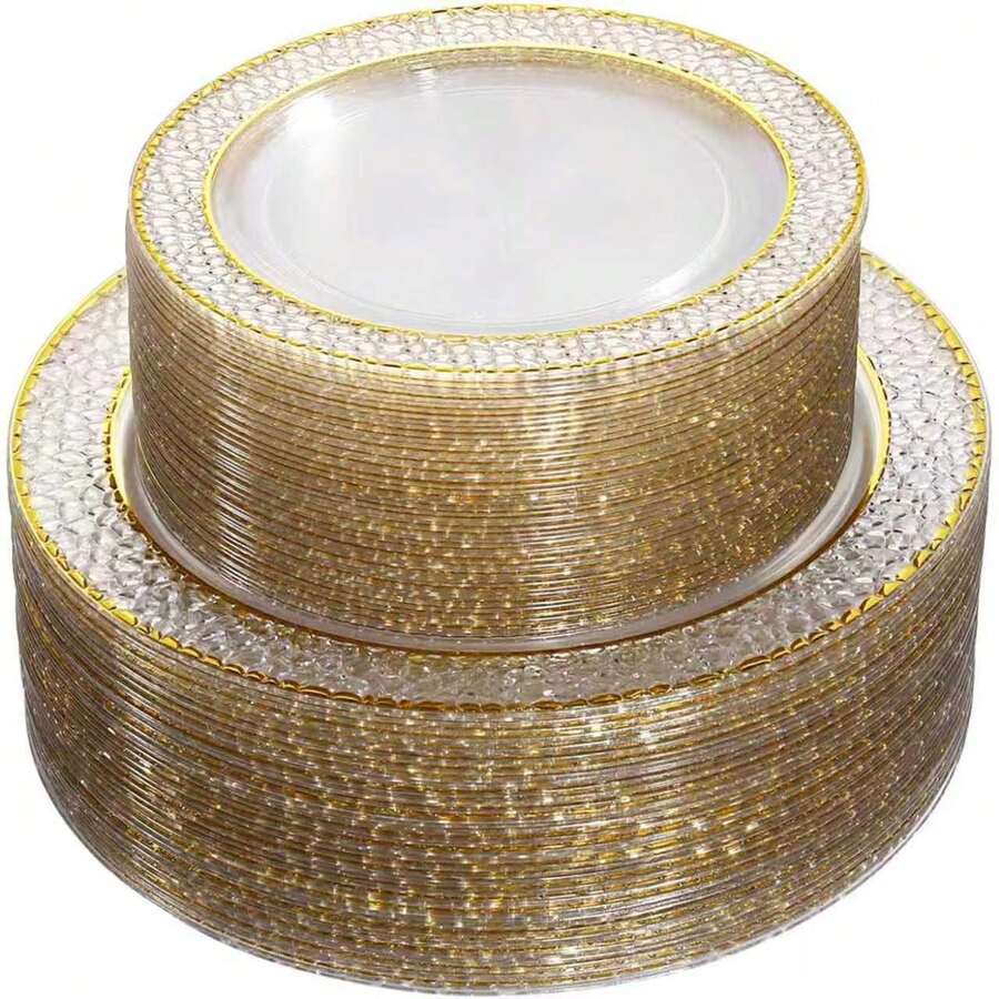 Đĩa phục vụ sang trọng kiểu Châu Âu, viền vàng kép, trong suốt, được dập nổi, thích hợp cho đám cưới, tiệc sinh nhật, bàn tráng miệng, khách sạn boutique, nhà hàng, tiệc trà chiều, dã ngoại. Bền bỉ và phong cách, đĩa ăn đa năng. - Vàng - Xem 1