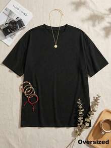 Áo thun nữ tay ngắn cổ tròn dáng rộng, thích hợp mặc vào mùa xuân, hè, thu và đông, thời trang thu đông, trang phục thu đông, bộ sưu tập thu đông, màu đen thường ngày. - màu đen - Xem 6