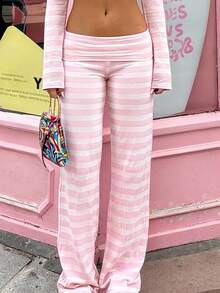Women Striped Pants, Elastic Waist Casual Pants Trousers Streetwear for Daily Date - Rosa - Ver 2