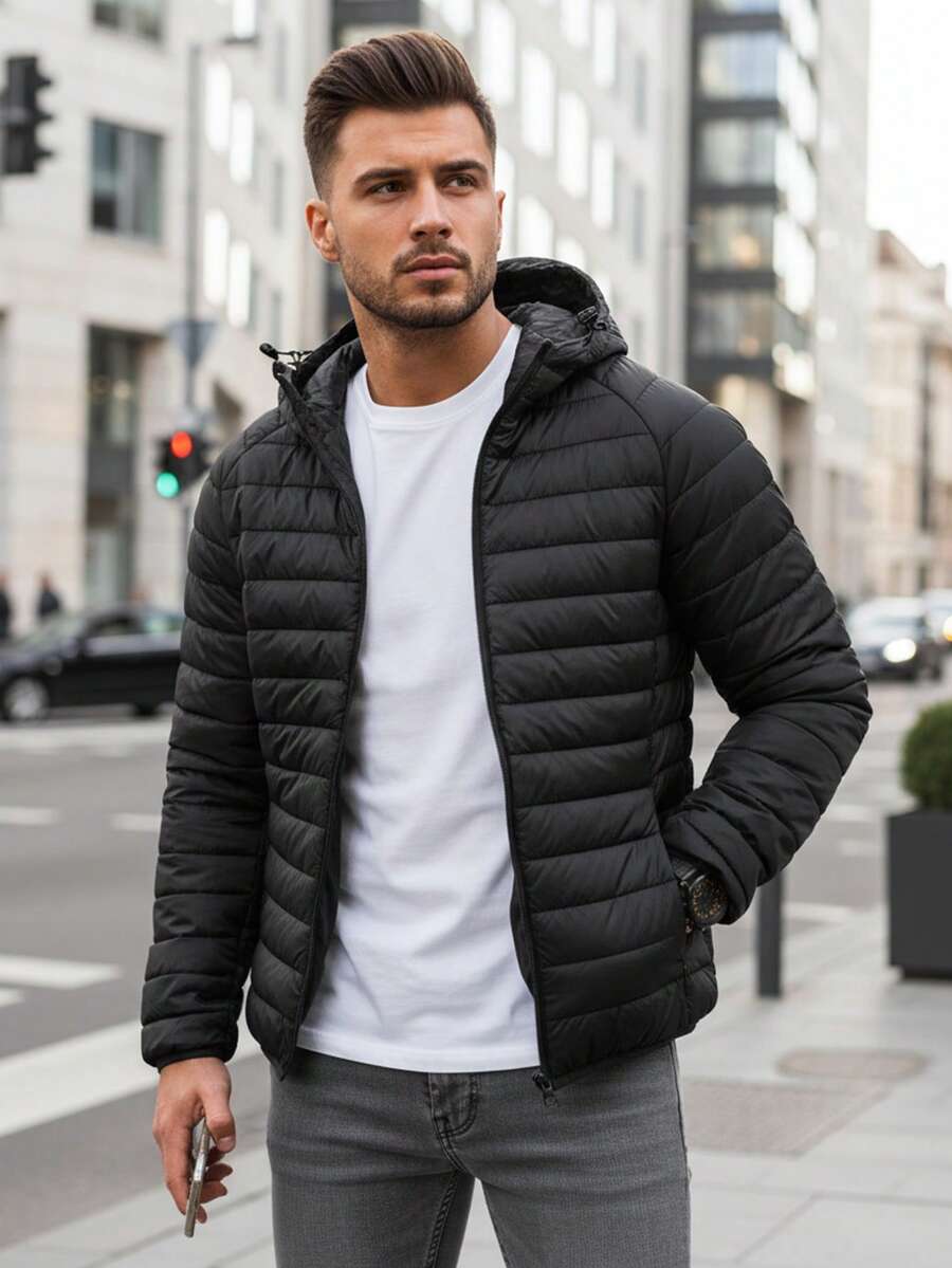 Men's Transitional Season Quilted Jacket, Hooded, Zip-Up Closure, Lightweight And Short, With Elastic Cuffs And Hem, And Features Internal And External Pockets And An Adjustable Hood. - Black - View 1