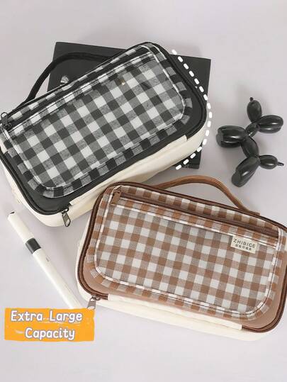 1 pieza Estuche de lápices a cuadros en tono moca, caja de papelería, estuche para lápices, bolsillo frontal transparente de gran capacidad con cierre magnético, neceser de viaje, organizador de papelería, estuche para marcadores, portaplumas, caja de papelería multifuncional para escritorio