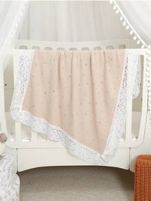 1 pieza Manta de bebé de punto de moda minimalista casual, manta acogedora de retazos de encaje dulce para niños, adecuada para todas las estaciones - Caqui - Ver 2