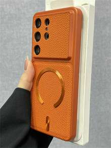 Luxury Retro Lychee Pattern Magnetic Wireless Charging Phone Case Compatible With Samsung Galaxy S26Ultra S26Plus S25Ultra S24Ultra S25 S24 Plus Large Window Camera Lens Protect PU Leather Shockproof Bumper Soft Back Cover - Orange - View 4