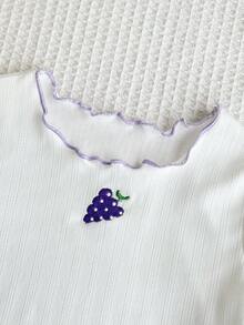 Girls Sweet 2 Pieces Embroidered Grape Plaid Ruffle Hem Outfit - Purple - View 3