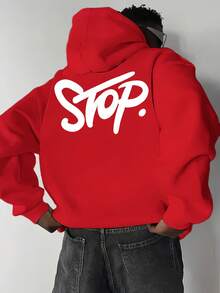 棉質男式落肩衛衣，街頭風個性標語圖案衛衣，休閒秋冬厚實布料，加厚加絨保暖寬鬆連帽衫 - 紅色3 - 查看 3