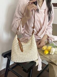 2026新款小众高端休闲沙滩度假草编大容量单肩斜挎包，春夏款 - 象牙色 - 查看 4