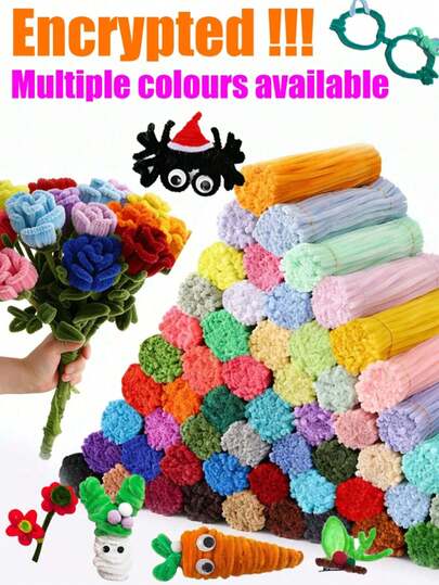 100支/包 DIY 管材清洁刷，附带教程视频，适合制作花朵，6种颜色高密度毛毡杆，长度30厘米，适合开学季，彩色管材清洁刷工艺材料，天鹅绒金属丝扭杆，价格实惠，品质优良，色彩鲜艳，质量上乘，适合商业用途