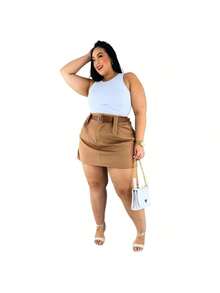 Short Skirt Plus Size Tailored With Belt Various Colors Summer - KIT 2 BEIGE/RED - View 4