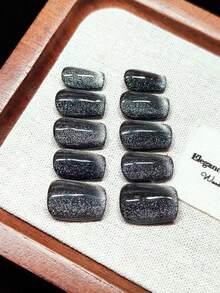 按压式假指甲，手工制作，短款T字形指甲，法式黑曜石猫眼，深黑色底色搭配银色细闪，如同黑夜中的微光，闪耀夺目，简约优雅，低调神秘，可重复使用 - 灰色 - 查看 7