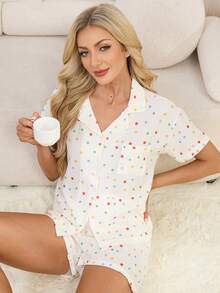 2pcs Women's Spring/Summer Pajama Set, Minimalist & Fashionable Sleepwear Set, Printed Button-Up Cardigan Short Sleeve Pocket Pajama Top And Shorts - Beige - View 1