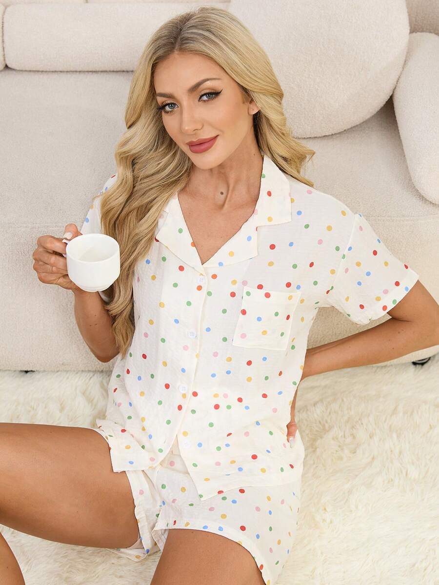2pcs Women's Spring/Summer Pajama Set, Minimalist & Fashionable Sleepwear Set, Printed Button-Up Cardigan Short Sleeve Pocket Pajama Top And Shorts - Beige - View 1