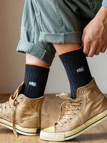 1 par de calcetines de rodilla de estilo retro con bloques de color, calcetines holgados de punto grueso con bordado de letras, calcetines deportivos de estilo callejero unisex con algodón transpirable, calcetines versátiles de ropa de trabajo para primavera y otoño - Multicolor - Ver 2