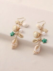 一对时尚简约小众海洋主题仿珍珠、贝壳、海星吊坠耳环，适合女性佩戴，可用于海滩、派对、聚会等场合，是馈赠亲友的完美礼物，四季皆宜，适合度假、休闲、通勤等各种场合。 - 彩色 - 查看 7