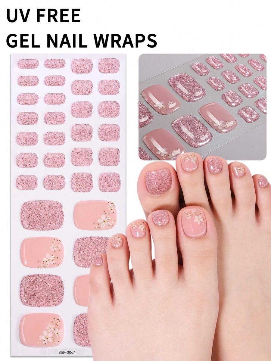 Bộ 34 miếng dán móng chân gel màu hồng nude lấp lấp lánh, không tia UV, phong cách tối giản cổ điển, tự dính, dễ sử dụng, phù hợp cho phụ nữ và bé gái tự làm móng tại nhà. - Hồng - Xem 1