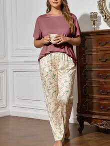 Conjunto de Pijama Casual de 2 Peças com Top de Manga Curta Floral Miúda e Calça Longa para Mulheres Plus Size, Leve e Confortável para Primavera/Verão - Multicolorido - Visão 4