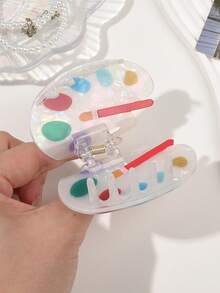 1pc Palette-Shaped Brush With Red Handle And Orange Bristles, Iridescent Transparent Acrylic Material, Colorful Holographic Sheen, Artistic Vintage Vibe, Whimsical Girlish Style, Unique Personalized, Versatile Hair Claw Clip For Volume And Flyaways Summer Vacay Hair Accessories - Multicolor - View 5