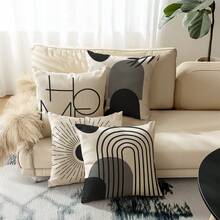 4 piezas Fundas de almohada de estilo bohemio con patrón geométrico abstracto y "HOME" de fibra de poliéster, material de lino vintage, cremallera invisible, lavable a máquina, patrón de línea minimalista y elegante, cierre con cremallera, fundas decorativas para almohada para el hogar, sofá, sala de estar, dormitorio, sin relleno de almohada - Multicolor - Ver 1
