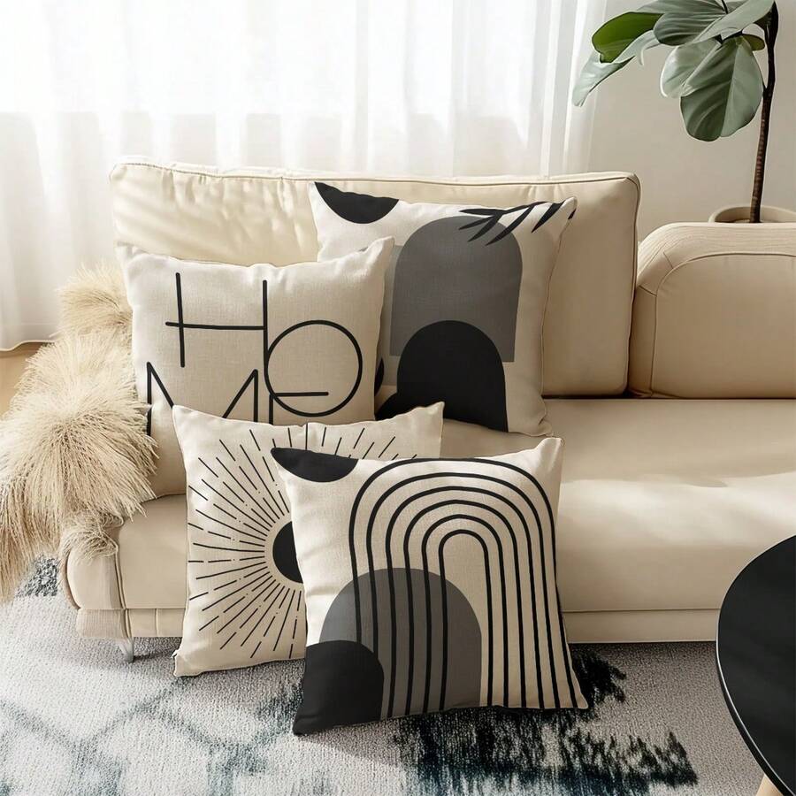 4 piezas Fundas de almohada de estilo bohemio con patrón geométrico abstracto y "HOME" de fibra de poliéster, material de lino vintage, cremallera invisible, lavable a máquina, patrón de línea minimalista y elegante, cierre con cremallera, fundas decorativas para almohada para el hogar, sofá, sala de estar, dormitorio, sin relleno de almohada - Multicolor - Ver 1