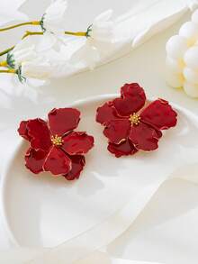 1 Pair Fashion Personalized Oil Drop Flower Earrings, Suitable For Women's Daily Wear, Vacation, Outfits - Red - View 4