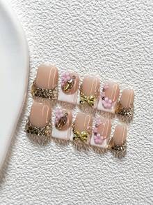 10pcs Luxury Manicure Set, Including Gel Nail Polish, Floral Decor, Golden Bow, Arrow & Teardrop Rhinestones, White Nail Polish, Embossed Champagne Gold Style, With Nail Tools (1 Jelly Sticker + 1 Nail File). Available In 3 Sizes Suitable For Almond, Duck Mouth, Coffin Nails. Suitable For Parties, Daily Wear, Photoshoot, Commute In Spring & Summer - Multicolor - View 15