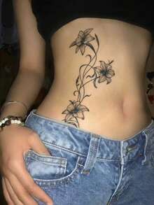 1pc Fashionable Washable Realistic Lily Flower Temporary Tattoo Sticker. Waterproof And Long-Lasting, With Fresh Vine Design, Suitable For Waist Or Side Waist, Suitable For All People,Sketch Style - Black - View 5