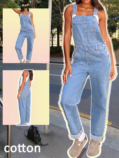 Women's Casual Denim Overalls - Adjustable Straps With Front Bib Pocket, Loose Fit Jumpsuit Romper Comfortable Soft Fabric