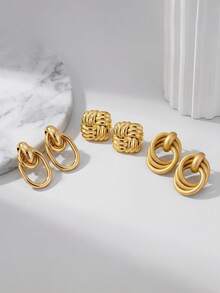 3 Pairs/Set Fashionable Minimalist Delicate Gold Metal Geometric Earring Set, Suitable For Casual, Vacation, Date, Party And Event Wear, Summer Beach Holiday Earring Set - Gold - View 8