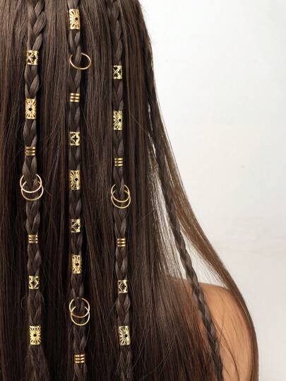 40件套复古波西米亚风合金发圈套装 - 镂空圆形发饰，适合女性和女孩，优雅纯色编织发饰，可用于DIY发型设计