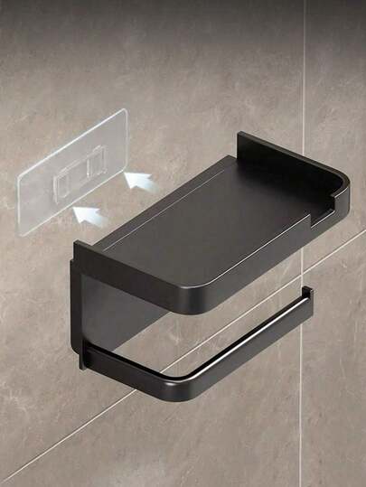 1 pieza Soporte para papel higiénico sin papel con estante - Colgador autoadhesivo para rollos de toallas de papel de baño, material de acero inoxidable resistente a la oxidación, estante de almacenamiento montado en la pared para guardar teléfonos, relojes, toallas y pequeños accesorios, resistente al agua y a la oxidación, apariencia negra moderna adecuada para el baño