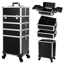 Luminpool 4 In 1 Beauty Case Rolling Cosmetics Organiser Makeup Vanity Case Lockable Hairdressing Trolley Black - 黑色 - 查看 1