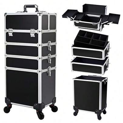 Luminpool 4 In 1 Beauty Case Rolling Cosmetics Organiser Makeup Vanity Case Lockable Hairdressing Trolley Black