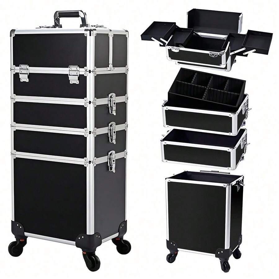 Luminpool 4 In 1 Beauty Case Rolling Cosmetics Organiser Makeup Vanity Case Lockable Hairdressing Trolley Black - 黑色 - 查看 1
