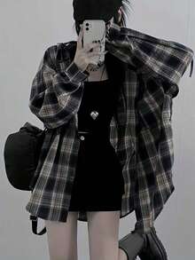 Camisa de mujer de ajuste holgado y casual con estampado de cuadros, de manga larga y hombros caídos, adecuada para uso diario, oficina y escuela, primavera/otoño - Multicolor - Ver 6