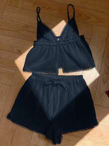 Women's Simple Casual Navy Blue 2 Pieces Set - 藏蓝色 - 查看 3