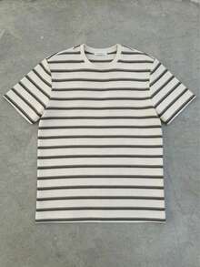 Men's Vintage Colorblock Striped Textured Short Sleeve T-Shirt, Loose Fit Round Neck Casual Versatile Commuter Top For Summer - White - View 7