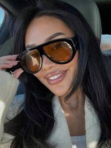 1pc Oversized Fashion Wide Frame Street Style Fashion Glasses, Casual And Versatile Y2KFest Music Fest - Brown - View 5