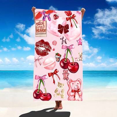 1pc Girly Red Lip & Bow Beach Towel, Super Soft Microfiber Extra Large Beach Blanket, Highly Absorbent Bath Towel, Suitable For Travel, Swimming Pool, Diving, Surfing, Yoga, Camping, Available In Multiple Sizes, Beach Accessory