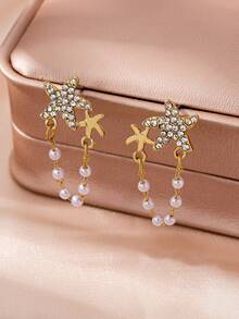 1 Pair Fashion Tassel Shell Starfish Faux Pearl Stud Earrings, Suitable For Women's Party, Date, Daily Wear - Starfish Pearl Earrings - View 2