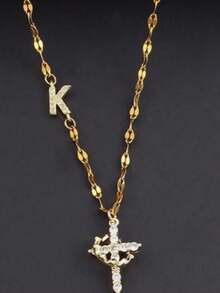 14K镀金字母泡泡项链，精致字母项链，镶嵌锆石十字架吊坠，可爱金链首饰，圣诞礼物首饰 - 金色 - 查看 2