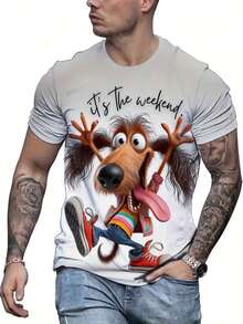 Plus Size Men's 3D Cool Dog Print T-Shirt - "Weekend Time" Theme Print, Casual Crew Neck Design, Comfortable Summer Short Sleeve, Perfect Weekend Gift, Casual Daily Wear | Funny Dog Pattern | Quality Design, Plus Size - Multicolor - View 3