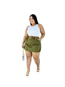 Short Skirt Plus Size Tailored With Belt Various Colors Summer - Verde Oscuro - Ver 5