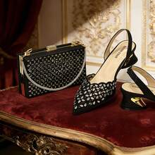 Venus Chan Elegant Black Low Heel Women's Shoes - Pointed Toe Embroidered Rhinestone Design, Comes With Fashionable Handbag Set - Italian Design - Black - View 13