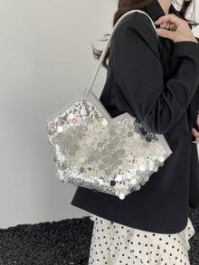 2026 Summer New Arrival Sequin Tassel Tote Bag, Large Capacity Minimalist Versatile Shoulder Handbag For Women - Silver - View 8