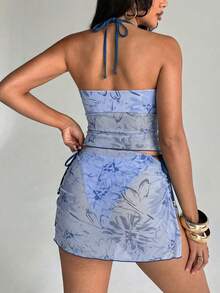 New Sexy Printed Mesh Splice Rhinestone 3-Piece Bikini Set, Spaghetti Strap Swimwear Suitable For Beach, Swimming Pool, Party Vacation Summer - Navy Blue - View 5