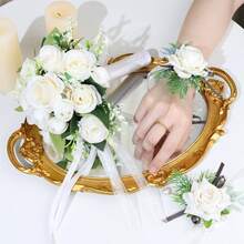 Wedding Bouquets Set Of 3, Wedding Bouquets For Bride, Wedding Bouquet Bridesmaid, Bridesmaid Holding Flowers For Wedding Decoration, White Wedding Flower Bouquets White Floral Bouquet Rose Bouquets With Ribbon - 3 - 查看 7