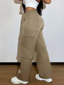 Solid-Color Multi-Pocket Buttoned Casual Y2K Leisure Elegant And Cute Work Pants.Suitable For Back-To-School, Clubs, Birthday Parties, Halloween, New Year, Thanksgiving, Concerts, Gyms, Beaches, Vacations, Business, Daily Airport Wear, Street Style, Teacher's Day, Spring, Summer, Autumn And Winter. - 深卡其色 - 查看 10