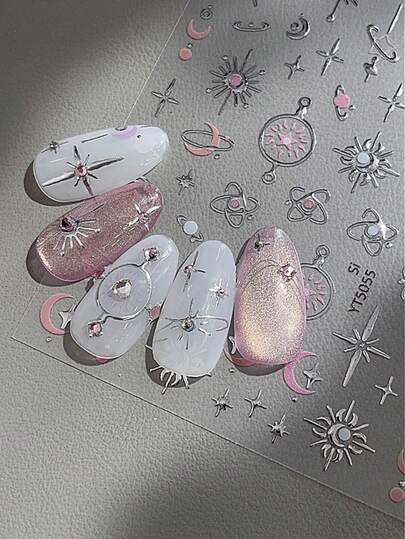 星月Y2K美甲贴纸，1张银色烫印5D浮雕自粘DIY美甲贴纸 - 女孩和女士美甲用品和美甲饰品 - 春夏美甲，适合家庭美甲沙龙